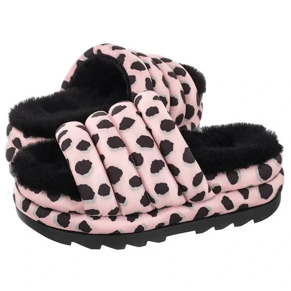 UGG Maxi Slides, pink leopard platform puff, black lambs wool, size 7 women’s - Picture 3 of 13